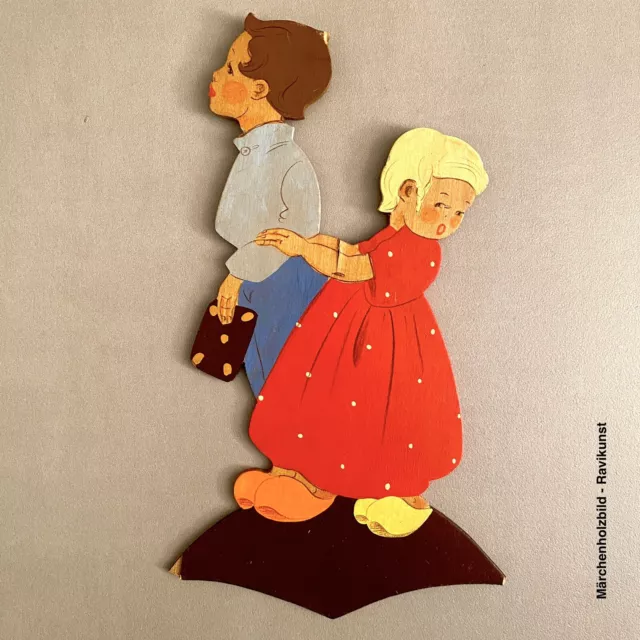 Märchen-Holzbild 1950er Ravi-Kunst Handbemalte Hänsel+Gretel 20cm Deko MÄNGEL!