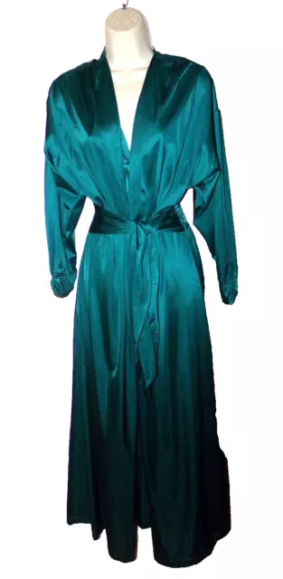 VINTAGE OLGA FULL sweep ruched sleeve ROBE belted GREEN dressing gown L ...