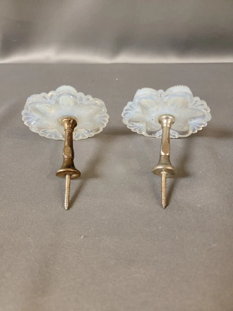 Pair of Antique Victorian White Opalescent Glass Curtain Tie Backs W/Hardware 3