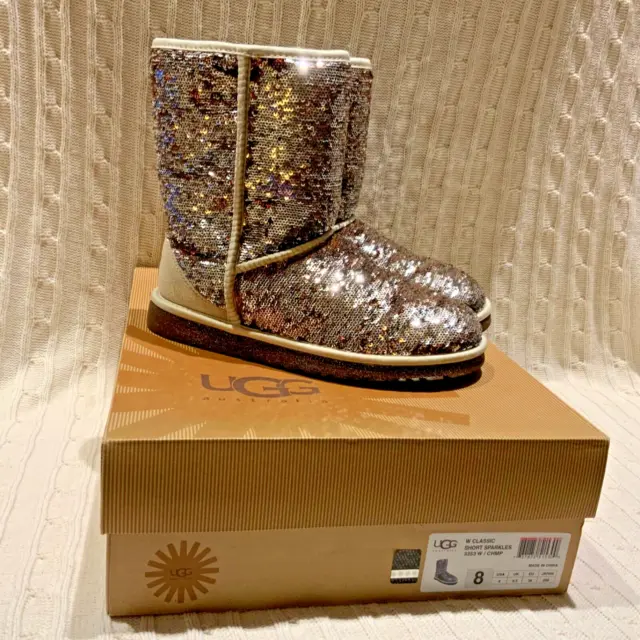UGG Australia Classic 3353 Short Sparkle Sequin Champagne Boots Women’s Size 8