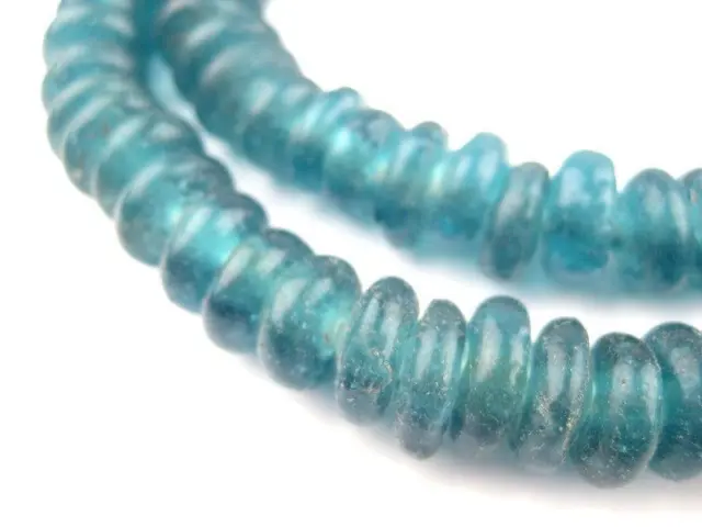 Teal Rondelle Recycled Glass Beads 13mm Ghana African Sea Glass Blue Disk