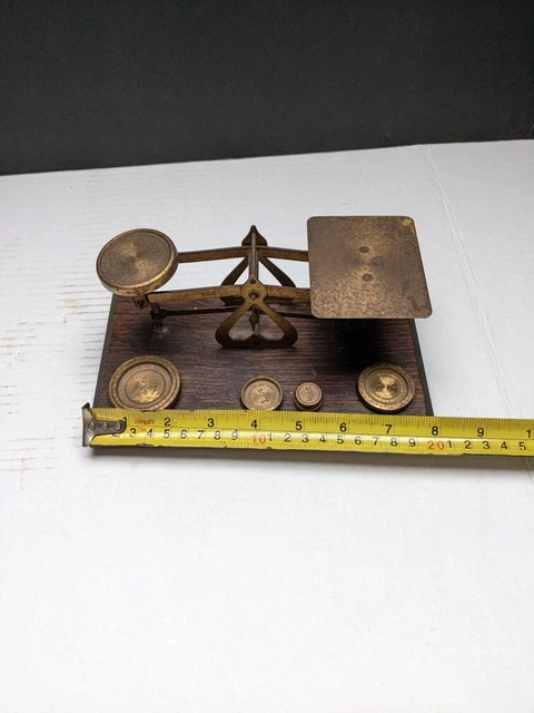 Small Antique English Victorian Brass Postal Scale Wooden Base with 4 Weights