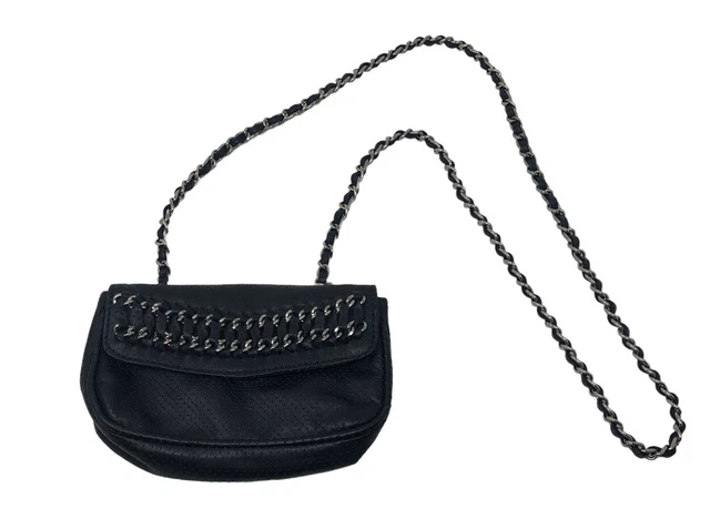 TREESJE Small Black Shoulder Crossbody Handbag Perforated w/ Chain Detailing