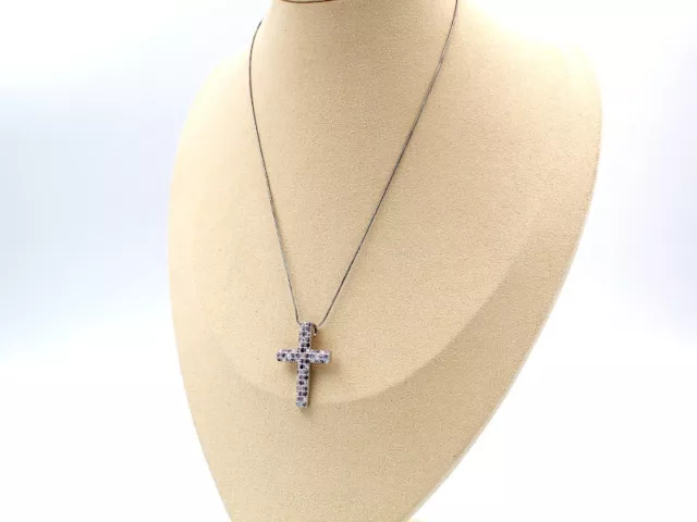 Collana Donna Argento Ciondolo Croce Brillantini Bianchi Lillà Eleganti Gioielli