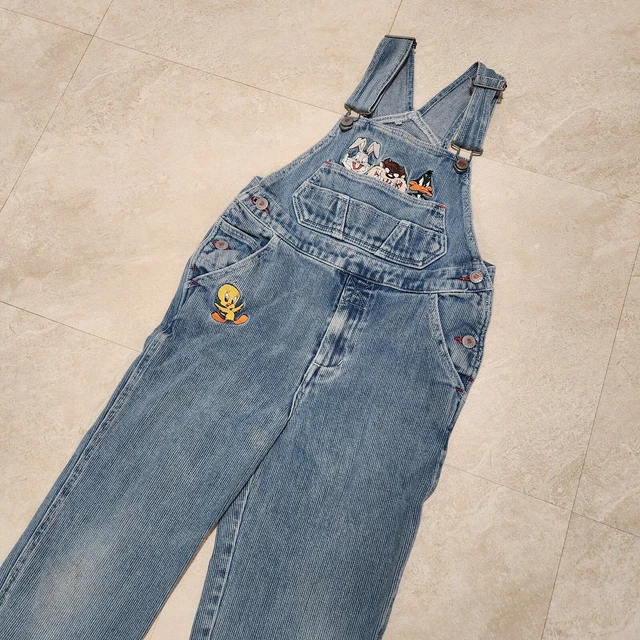 VTG Looney Tunes Kids Youth Size M Medium Denim Overalls Bibs Taz Bugs Tweety