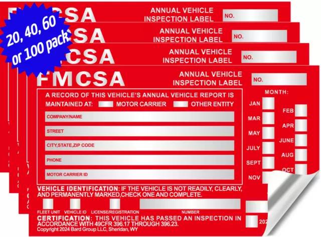 Aluminum Annual Vehicle Inspection Label FMCSA 6" x 3.5"- 20, 40, 60 or 100 pack