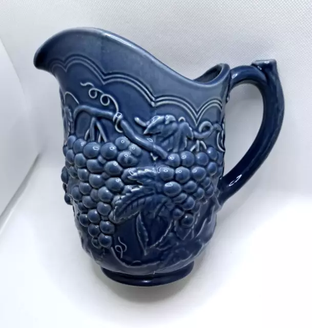 Vintage 7" Grape Vines Pitcher Vase Embossed 3D Hand Painted Blue Artist Signed