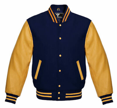 New Letterman American Varsity Jacket Navy Wool with Gold Real Leather Sleeves