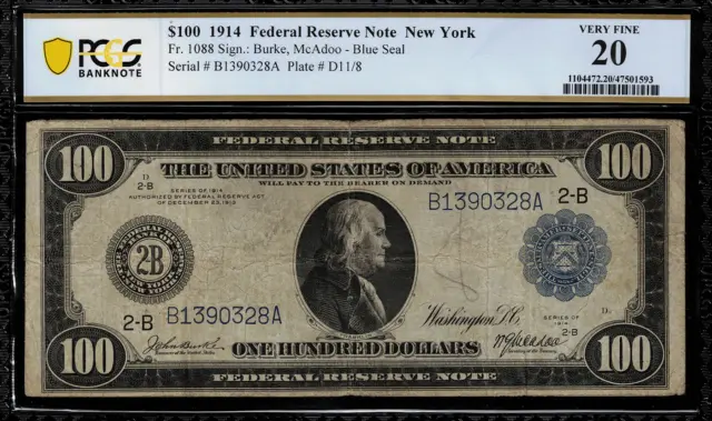 1914 $100 Federal Reserve Note - New York - FR-1088 - PCGS 20 "Comment"