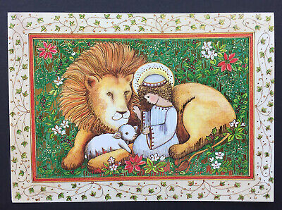 1 Lion Lamb Angel Vtg Sunshine 7x5 Christmas Season Card Large USA Gold Foil One
