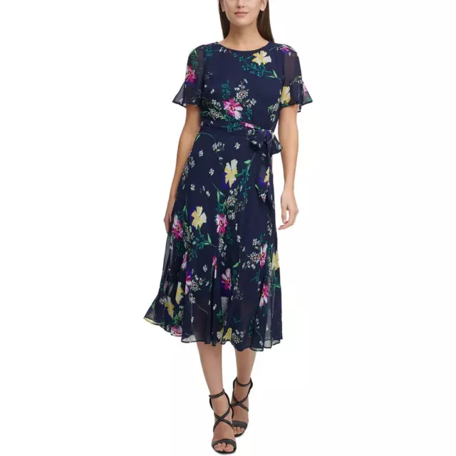 DKNY Womens Floral Print Midi Party Fit & Flare Dress Petites BHFO 9298