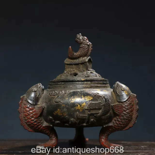 16CM Marked Old China Bronze Dynasty Palace Fish Ear Feet incense burner Censer