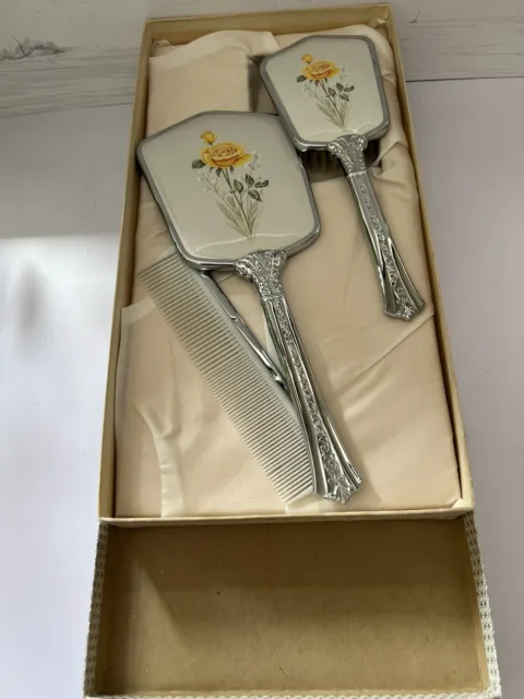 Vintage Yellow Rose Dressing Table Set In Box Brush Mirror Comb