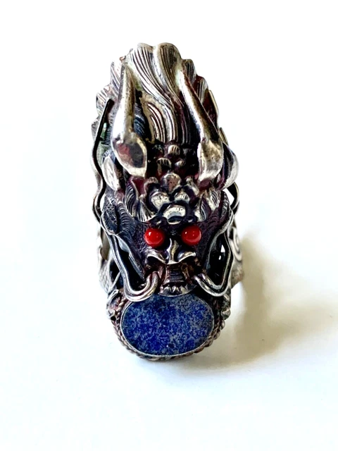 UNIQUE - Chinese Coral & Blue Lapis Dragon Head Ring - Size 7.25