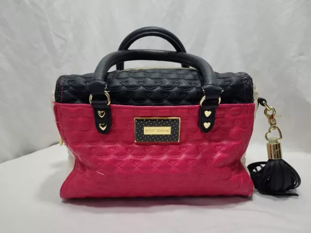 Betsey Johnson Purse Hot Pink Black White Tote Quilted Hearts Over Shoulder