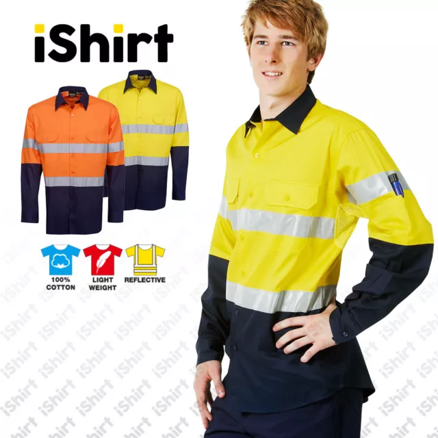 Work Shirt Hi Vis Safety Cotton Drill Reflective Tape Lightweight Long Sleeve