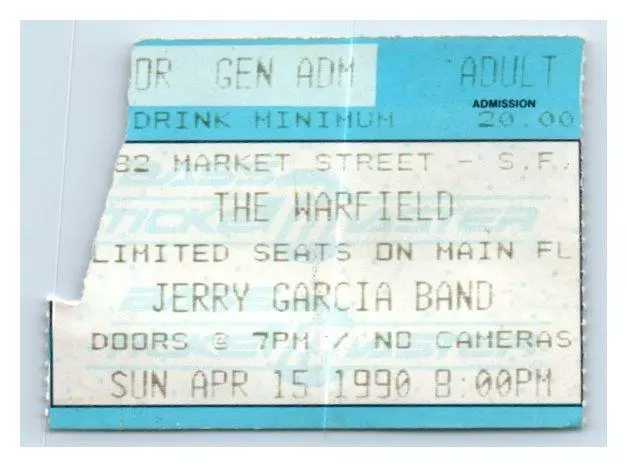 Jerry Garcia Fascia Concerto Ticket Stub Aprile 15 1990 San Francisco California