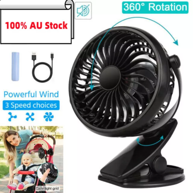 Portable 360° Mini Fan Travel USB Rechargeable Clip On Desk Pram Car Cooling Fan