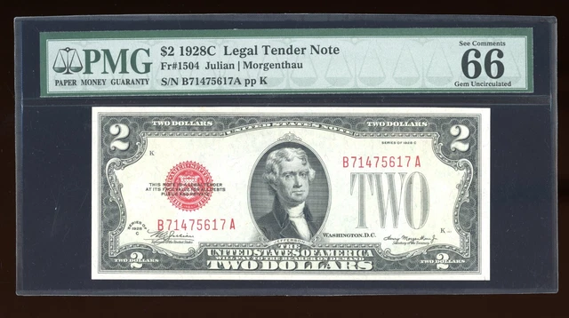 DBR 1928-C $2 Legal Gem Fr. 1504 BA Block PMG 66 EPQ Serial B71475617A