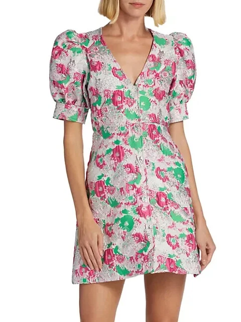 Ganni Sugar Plum Floral Jacquard Button-Front Minidress EU Sz 34, US Size 2 $395