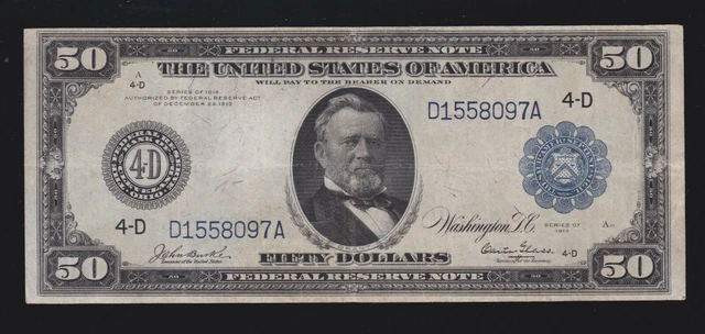 US 1914 $50 FRN Cleveland District Note Burke/Glass FR 1037 VF+ (097) US 1914 $50 FRN Cleveland District Note Burke/Glass FR 1037 VF+ (097)
