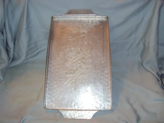 Vintage Hammered Aluminum Handled Serving Tray w/Embossed Flowers 13"x9”