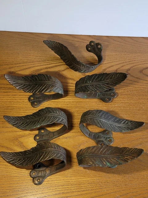 7pc Antique Cast Metal Curtain Drapery Tie Back Hook Leaves/Feathers Victorian