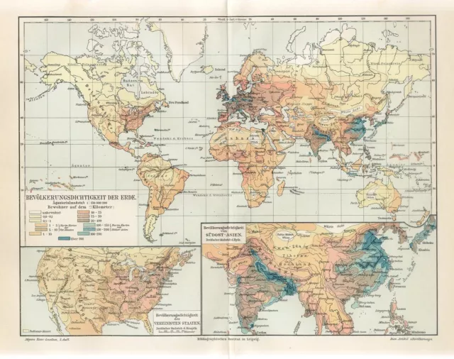 1895 WORLD PEOPLE POPULATION DENSITY USA SOUTHEAST ASIA Antique Map