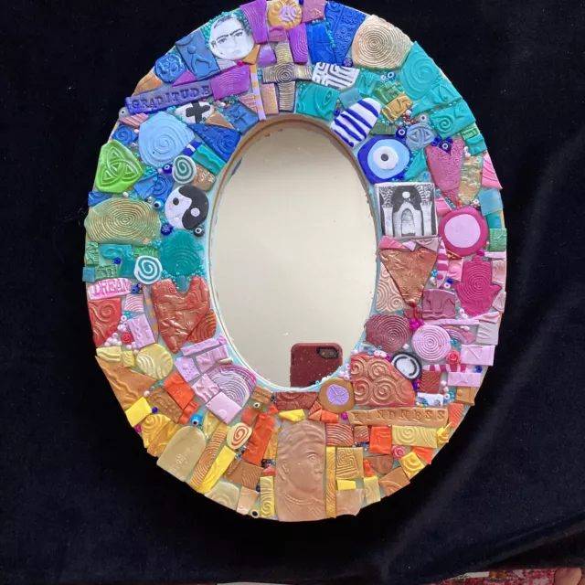“Clear Vision Mirror” Handmade polymer Clay  Mosaic  Oval 15” x12” x1”