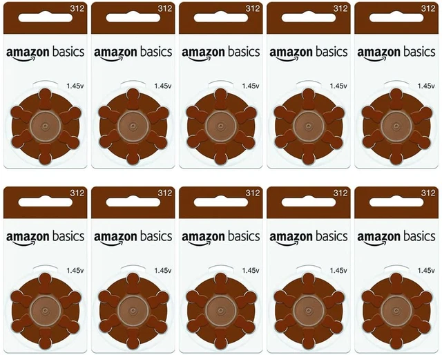 Baterías para audífonos Amazon Basics de 1,45 voltios, pestaña marrón - paquete de 60, talla 312