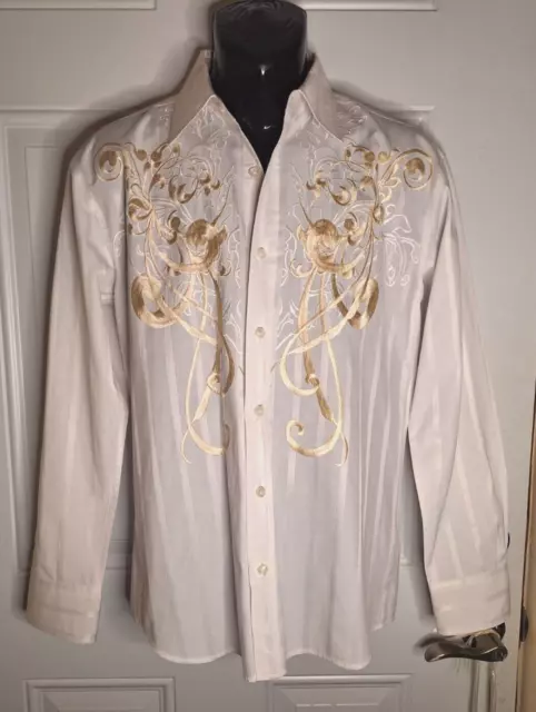 Men's Gold Embroidered Long Sleeve White Button-Down Dress Shirt Size Med