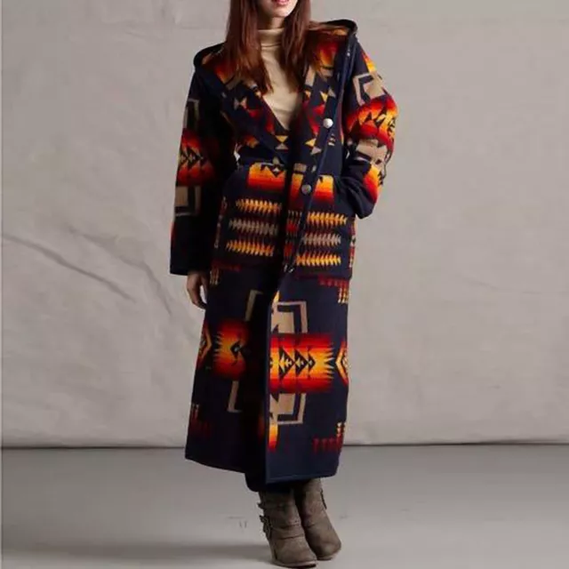 Women Winter Warm Retro Print Hooded Jacket Overcoat Long Coat Outwear Plus Size