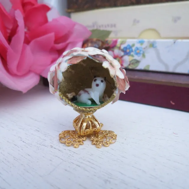 Hand crafted miniature egg diorama with floral decoupage & glass kitten#3