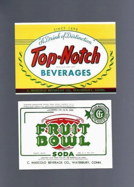 Lot of 2 Old Soda Pop Labels, TOP NOTCH & FRUIT BOWL Soda,Mascolo Beverages.'60s