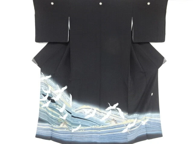 41055# Japanese Kimono / Antique Tomesode / Wave & Cranes / Artist Work