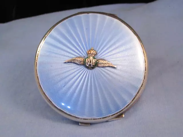 Raf Military Vintage Sterling Silver Guilloche Enamel Mirror Powder Compact Box