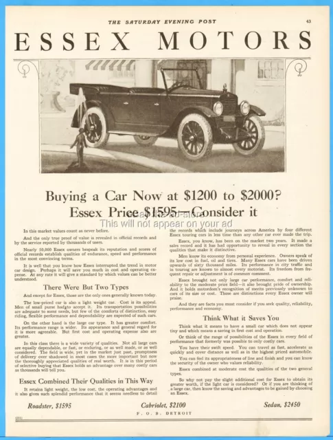 1921 Essex Motors Detroit MI Roadster Cabriolet Sedan Antique Open Car Ad