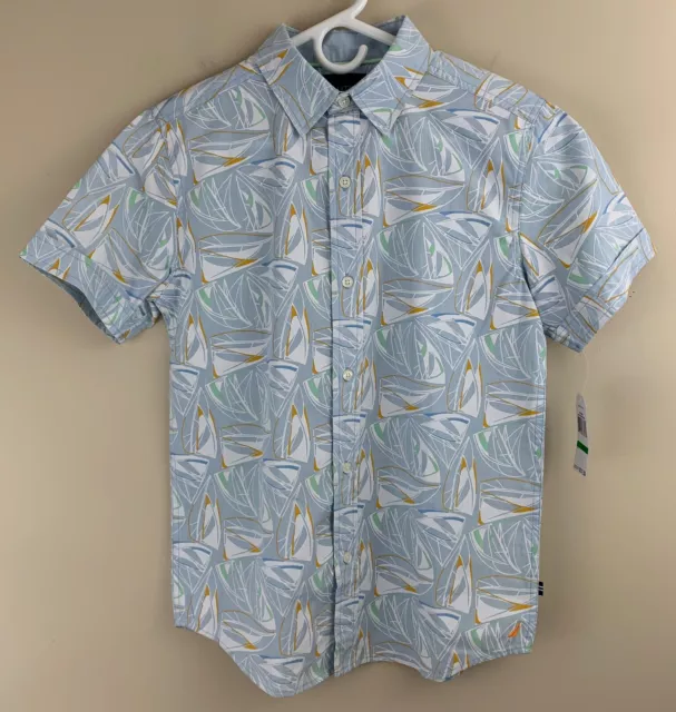 NAUTICA Boy's Sailboat Print Short Sleeve Button Front Shirt Size L (14/16) NWT