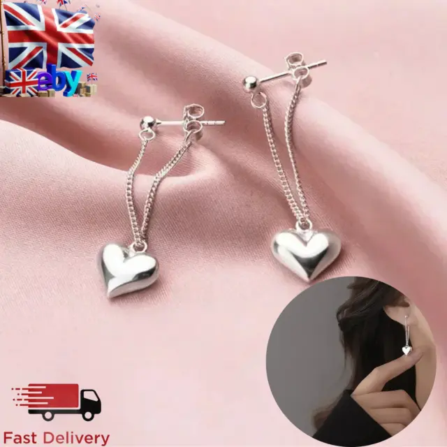 Women Girls 925 Sterling Silver Heart Dangle Drop Stud Earrings Jewellery Gift