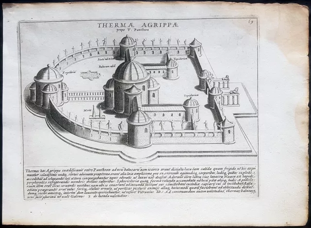 Stampa antica Terme Agrippa Pantheon Roma Giacomo Lauro 1628 acquaforte