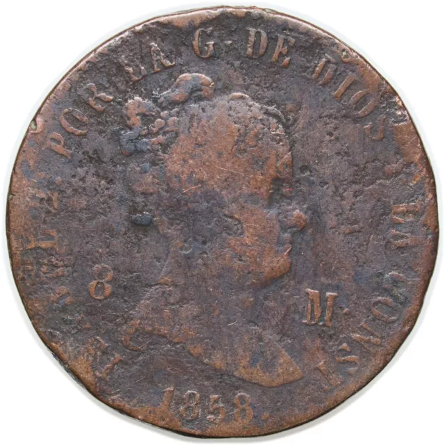 España Isabel Ii 1858 Barcelona 8 Maravedis Moneda Cobre