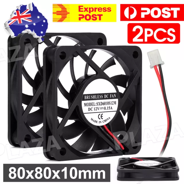 2X 80x80x10mm DC 12V Brushless Silent Computer PC Case Cooling Cooler Fans Black