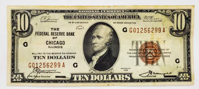 1929 $10 Ten Dollar Federal Reserve Bank of Chicago Currency Note