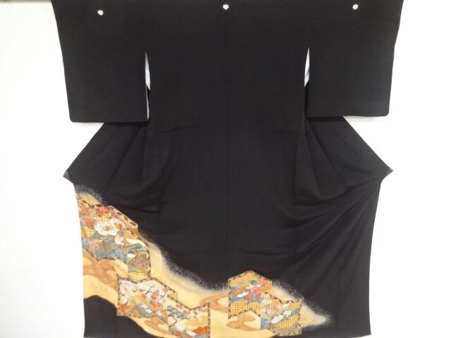 82656# Japanese Kimono / Antique Tomesode / Embroidery / Folding Screen With Flo