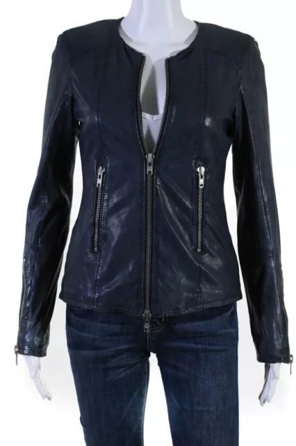 Bully Womens Crew Neck Full Zip Leather Jacket Navy Blue Size IT 42