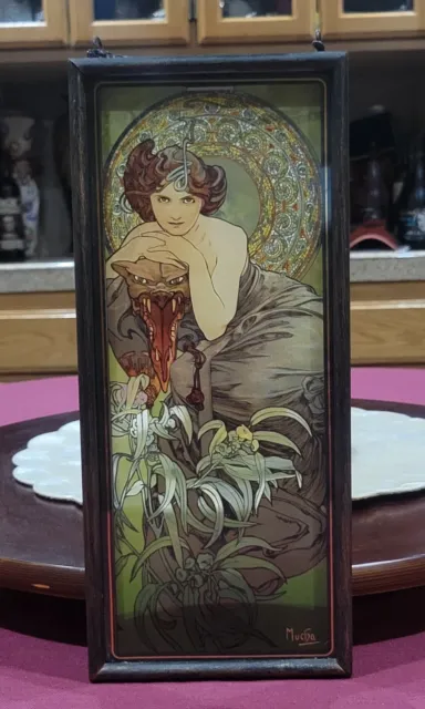 Mucha Stained ART Glass Panel "Emerald" PRECIOUS STONES 13" X 5 5/8" Metal Frame