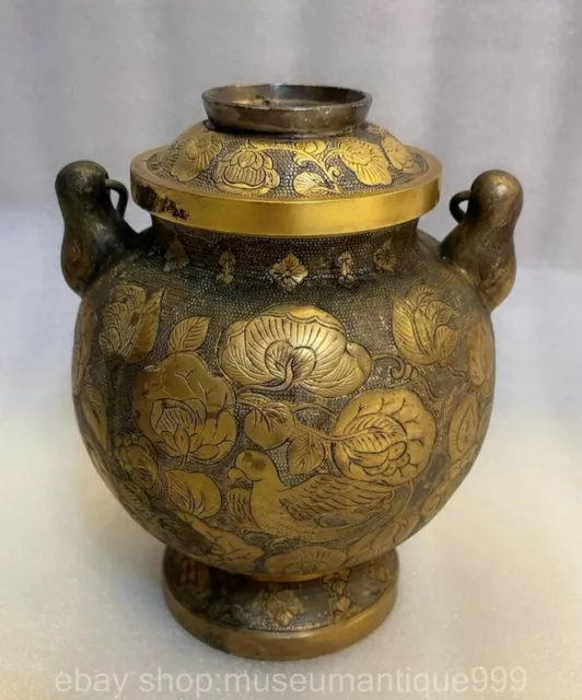 6.8" Old Tibet Bronze Inlaying Gold Dynasty Flower Bird handle Jar Pot Kettle