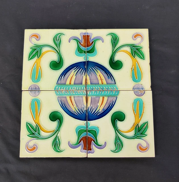 Vintage Globe Design Embossed Nouveau Architecture Furniture Tiles Japan 4Pc