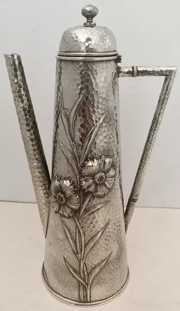 Fine French 950 Sterling Aesthetic Hammered Floral Chased Coffee Pot Paris 1885