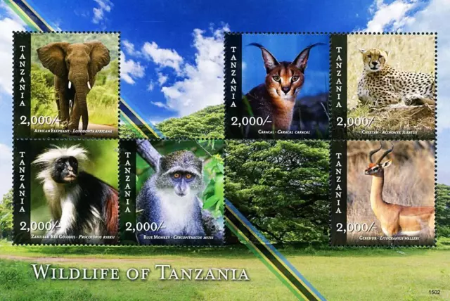 Tanzania 2015 Animals M/S Mnh Sc#2756 Elephant Primates Cats